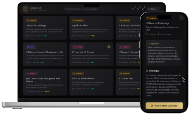 App interativo CrismaCards mostrando os roteiros de dinâmicas no notebook e no celular